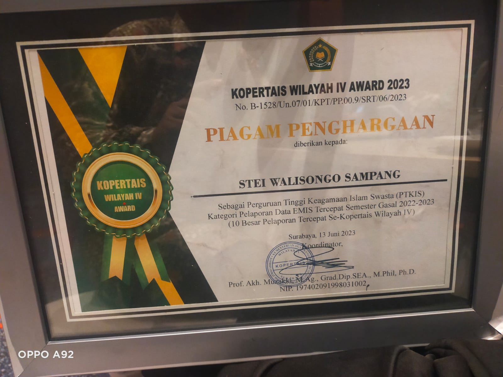 Piagam Penghargaan dari Kopertais