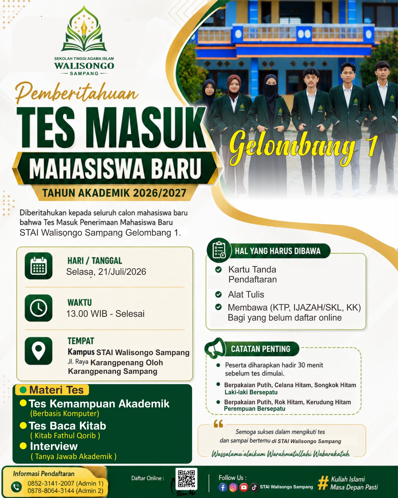 STAI Walisongo Sampang Gelar Tes Seleksi Penerimaan Mahasiswa Baru Tahun Akademik 2026/2027 STAI Walisongo Sampang Gelar Tes Seleksi Penerimaan Mahasiswa Baru Tahun Akademik 2026/2027